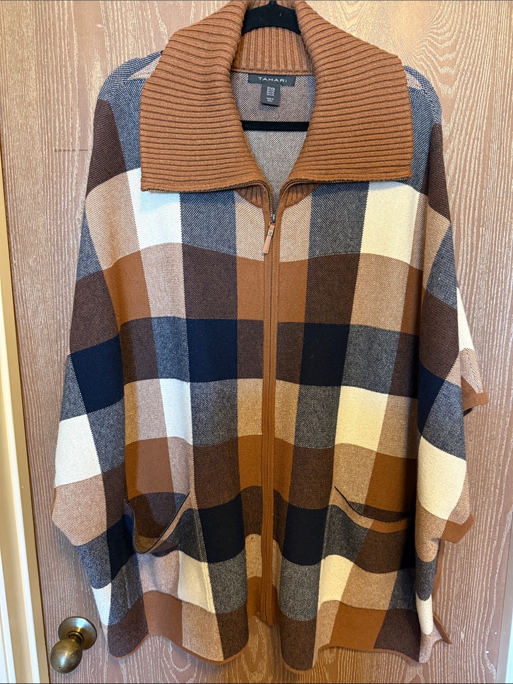 Tahari Plaid Zip-Up Sweater in Brown, Navy, and Cream. Great poncho
